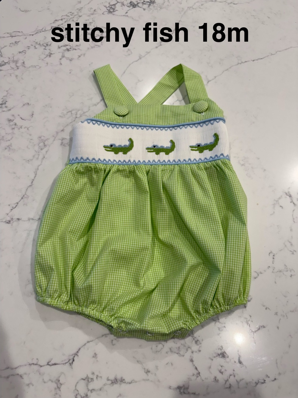 Stitchy Fish Green Gingham Smocked Crocodile Bubble - 18m